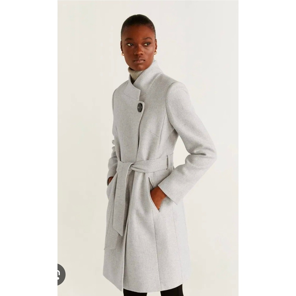 Mango Suit Grey Wool Blend Funnel Neck Belted Wrap Coat Italian Fabric Small